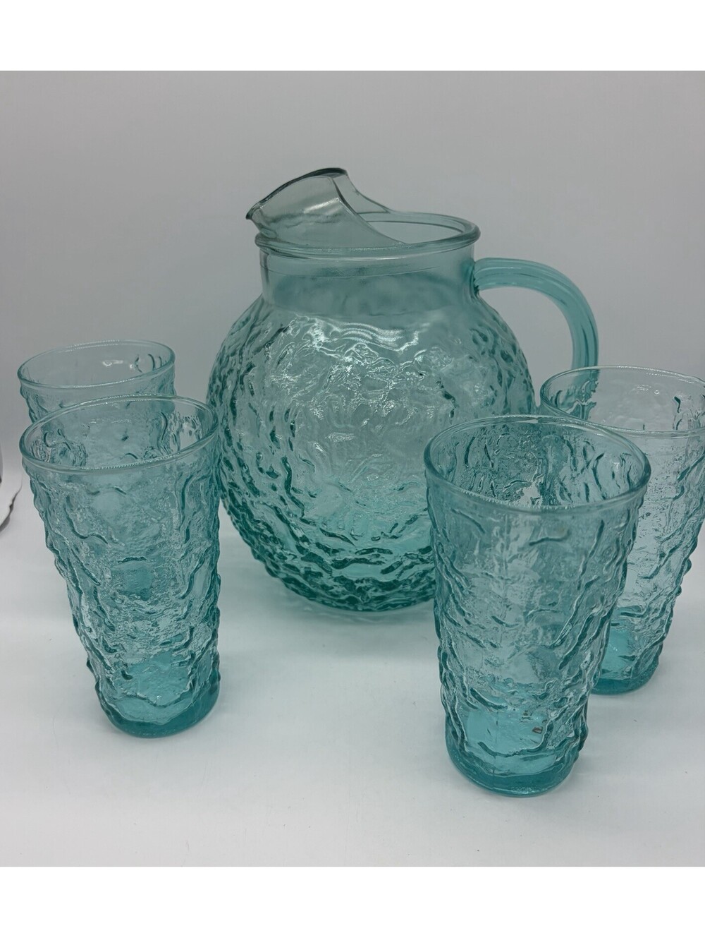 Vintage MCM Anchor Hocking Lido Milano Teal Blue Ball Pitcher W/ 4 Glasses EX
